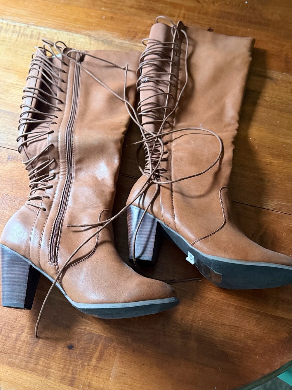 Women's Tan Lace-Up Mid-Calf Heeled Boots